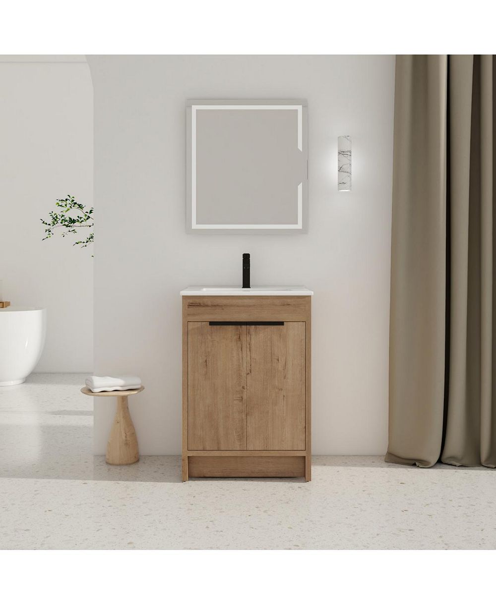 Sillysis 24 Inch Freestanding Bathroom Vanity with Ceramic Sink, Plywood Cabinet and Adjustable Shelf for Modern Bathrooms