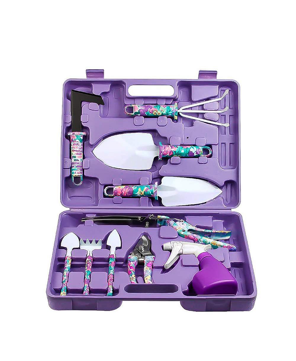 XDOVET Garden Tools Set Purple Flower Print Handle Trowel Rake Kit