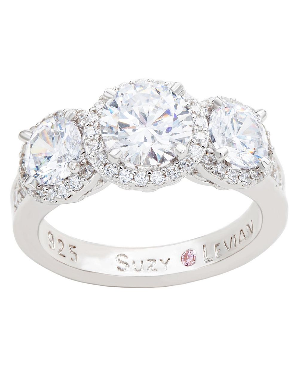 Кольцо Suzy Levian Sterling Silver Cubic Zirconia White Three Stones Halo Center Stone