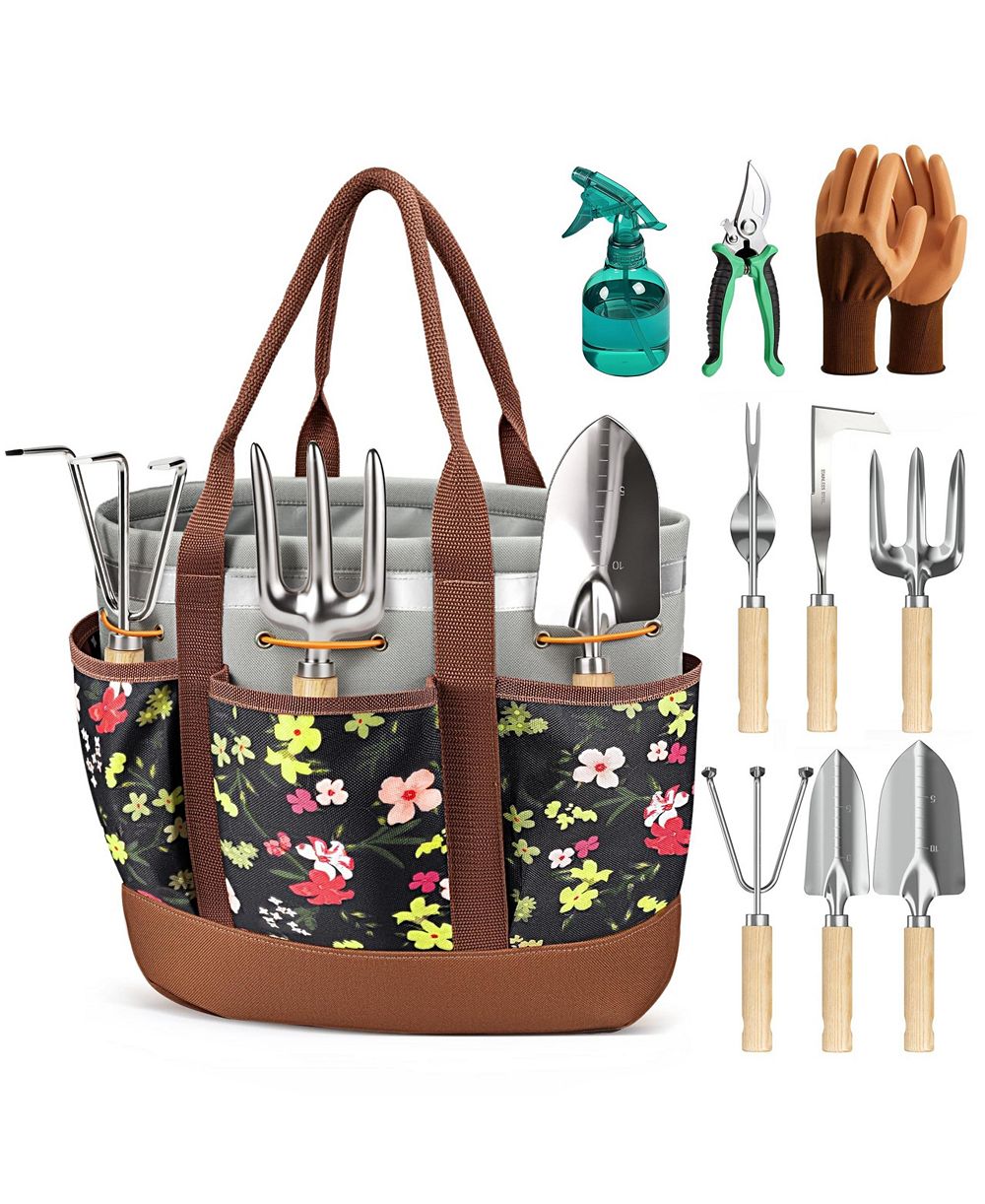 XDOVET Garden Tool Set Stainless Steel Ash Wood Handle Pruner Weeder Tote Bag