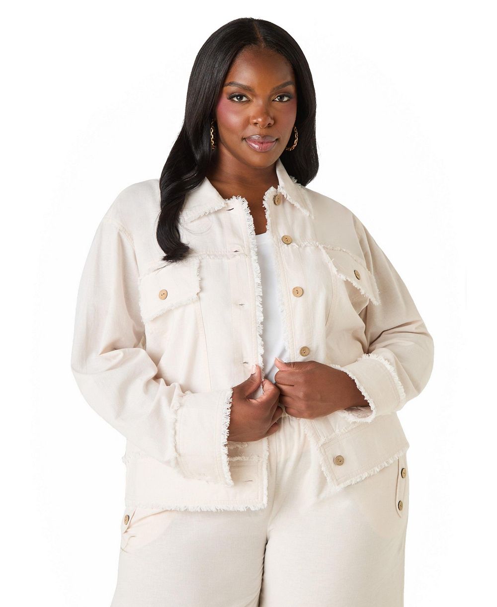 Ashley Stewart Women's Frayed Linen Blend Trucker Jacket