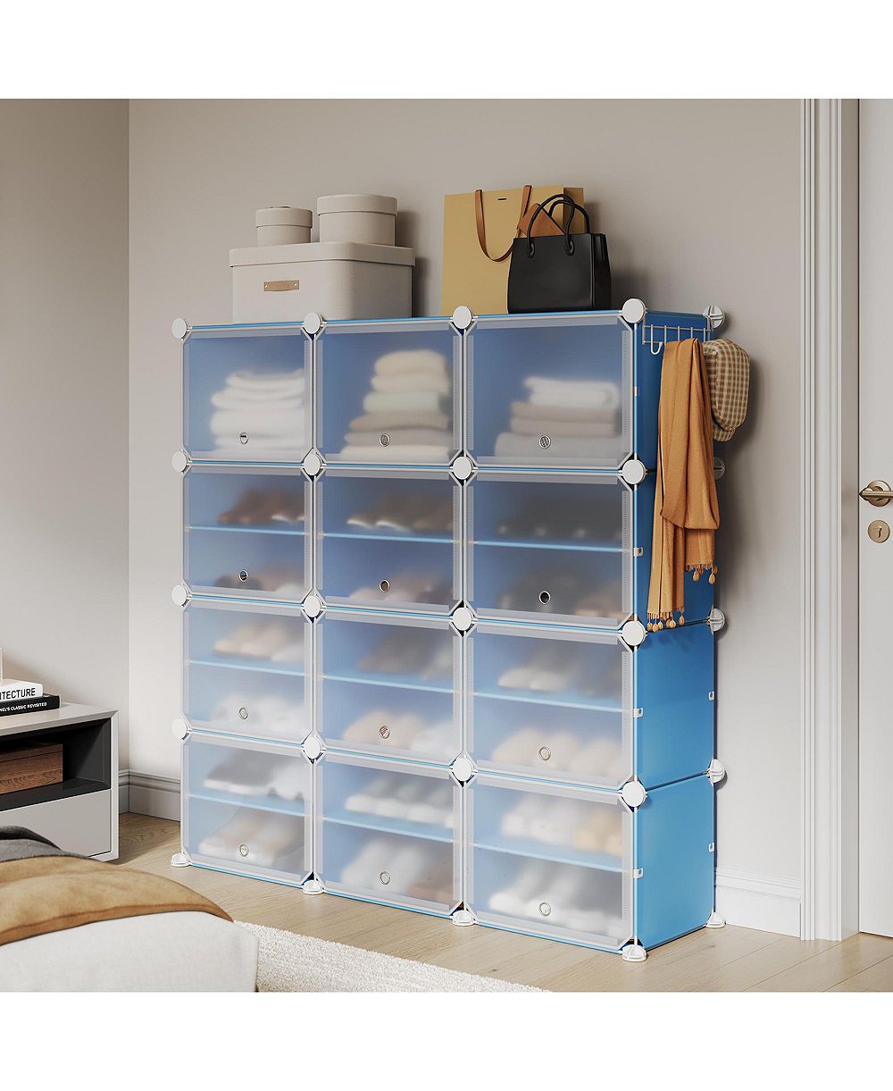 Homfan 8-Tier Sliding Door Shoe Storage Cabinet, Large Capacity PP Metal Frame Organizer with Side Hooks