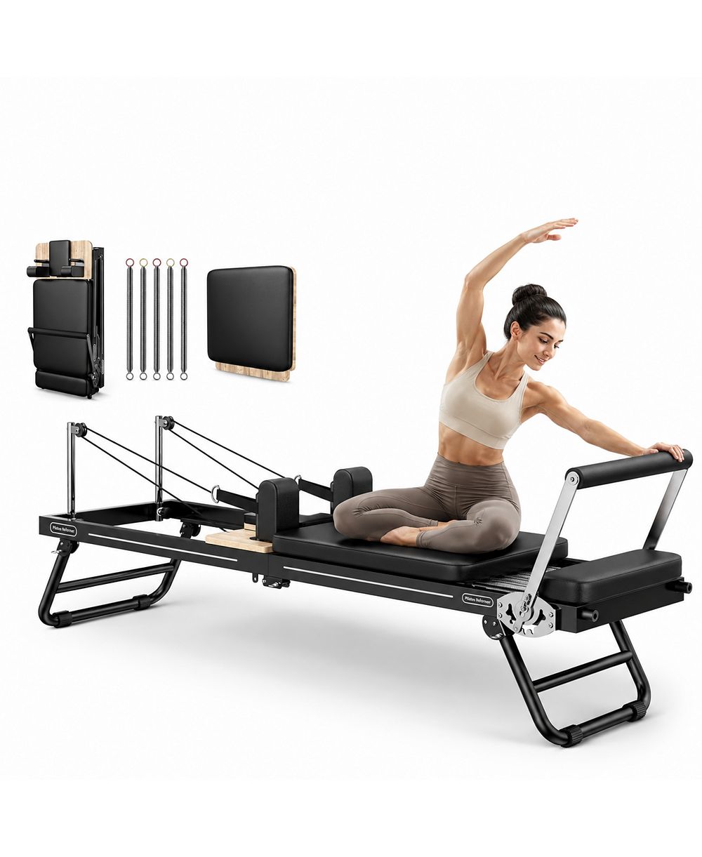 FED FITNESS Foldable Aluminum Pilates Reformer with Jump Board, Multifunctional Pilates Exercise Machine for Home Workout, 300 LBS Weight Capacity