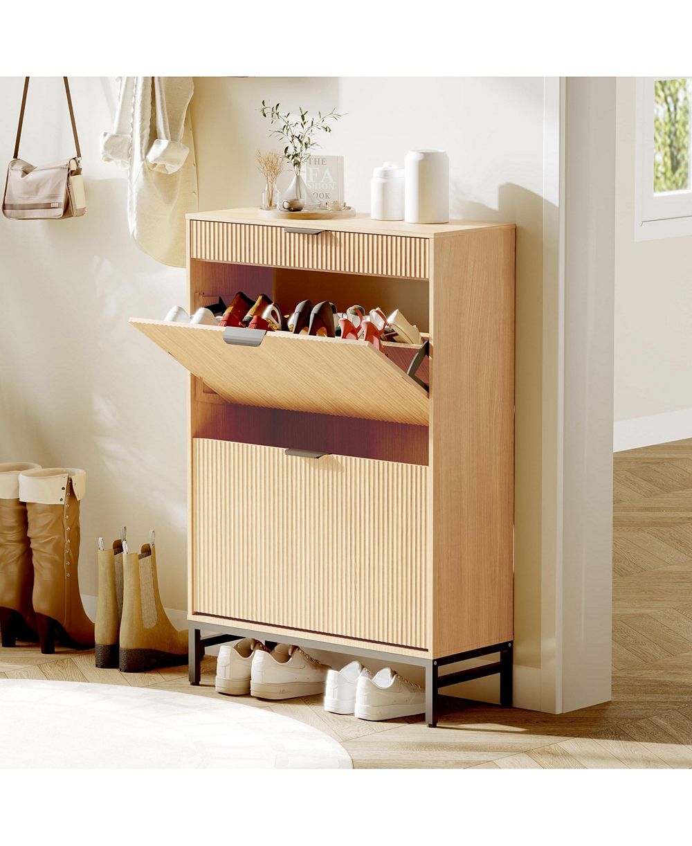homfan Narrow Shoe Cabinet Storage for Entryway, Modern Fluted Shoe Rack Organizer with 2 Flip Drawers and An Open Shelf for Hallway, Living Room