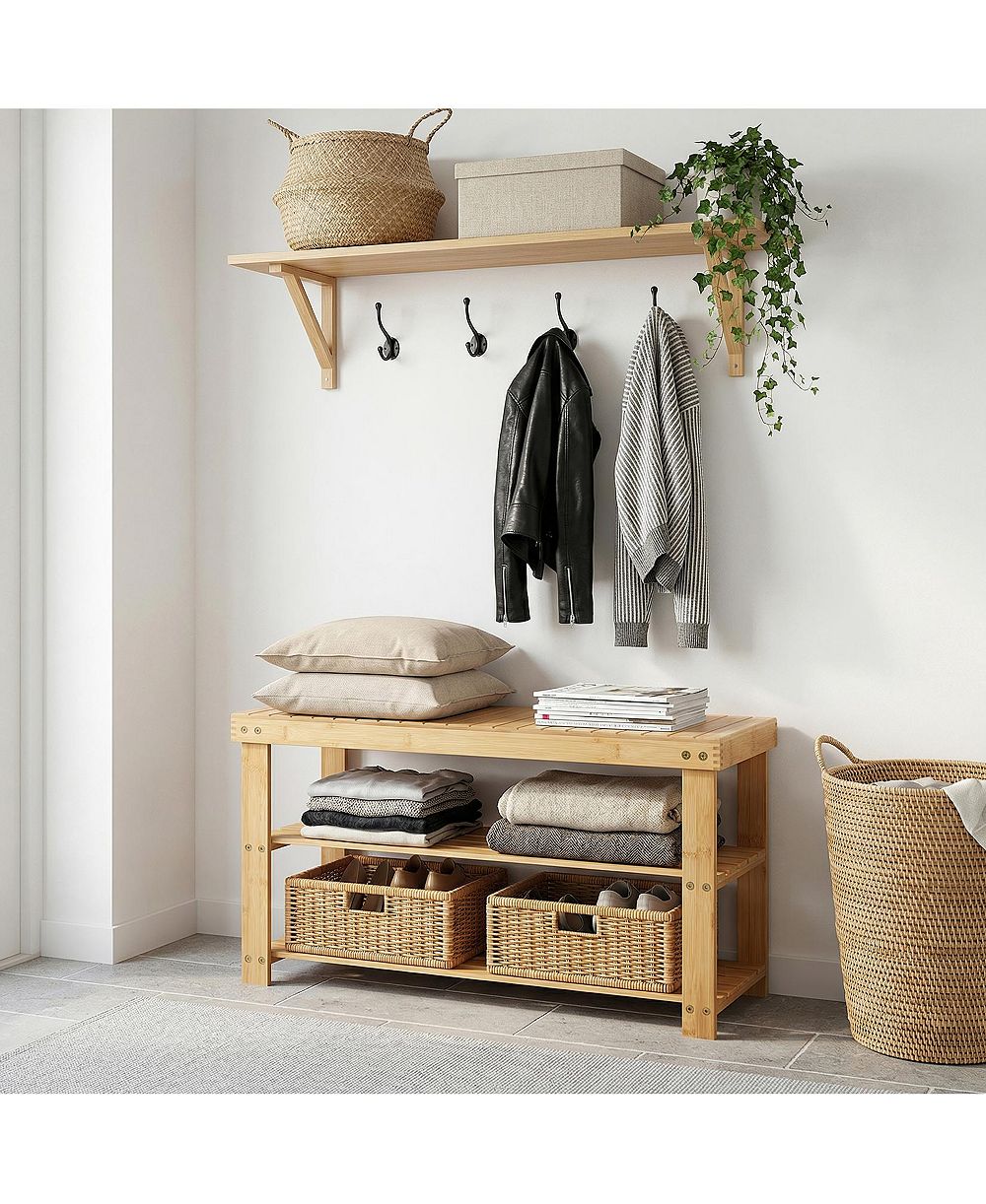 homfan 3-Tier Bamboo Shoe Rack Bench, 27.56" Long Entryway Organizer, Front Door Storage Bench Holds Up to 286 Lbs, for Bedroom, Living Room