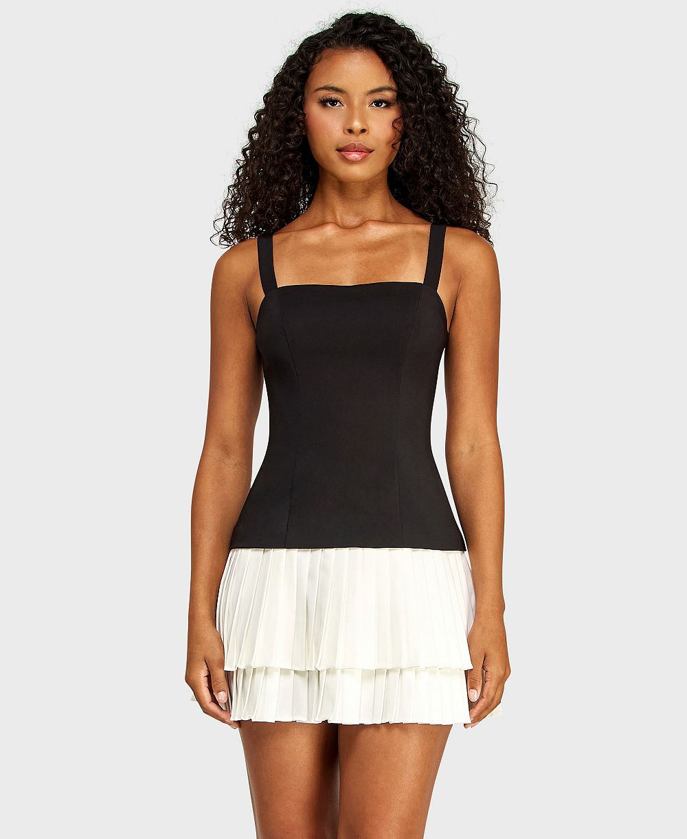 Alex & Sophia Juniors' Square Neck Drop Waist Pleated Mini Dress