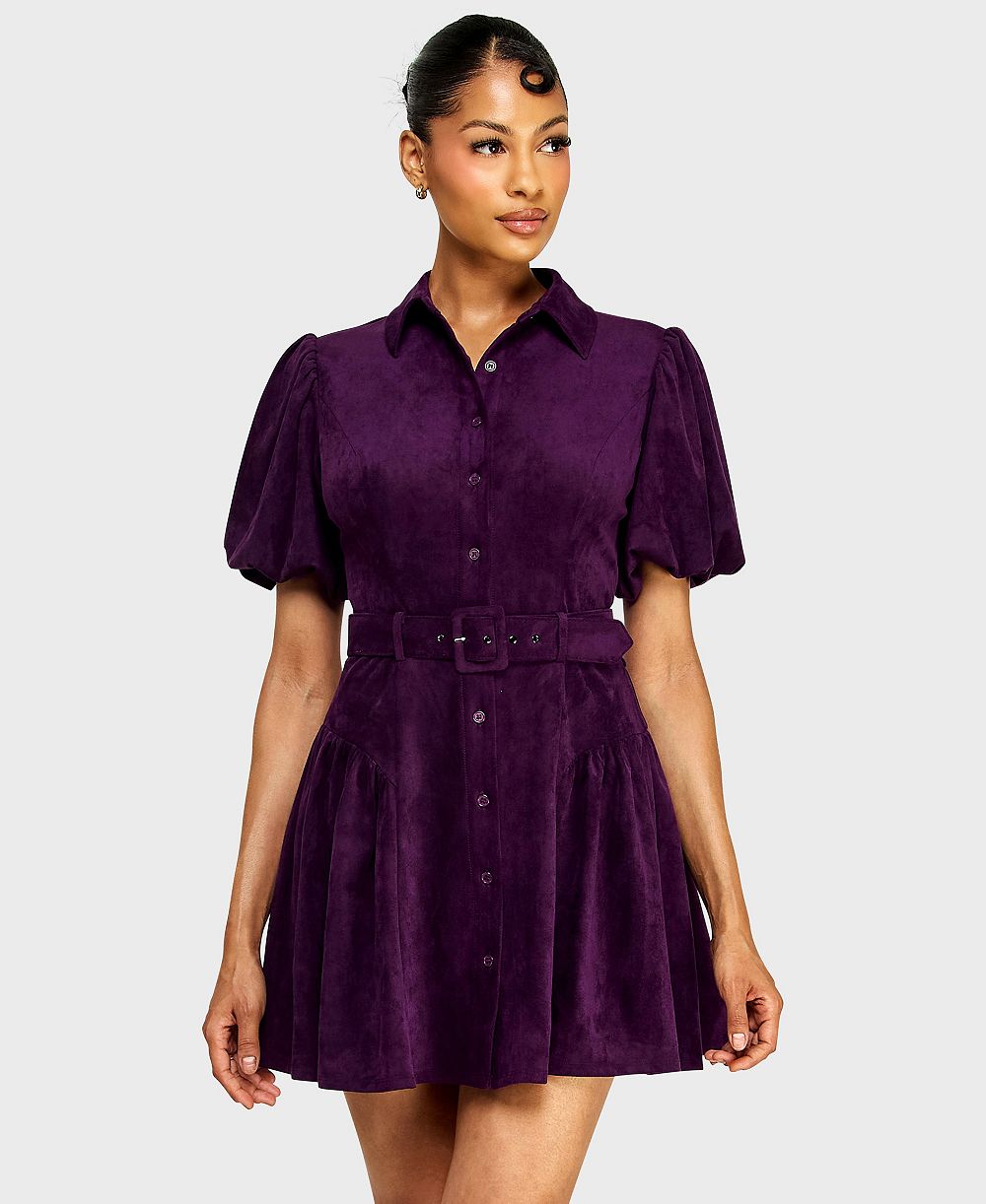 Alex & Sophia Juniors' Button-Front Suede Belted Mini Dress