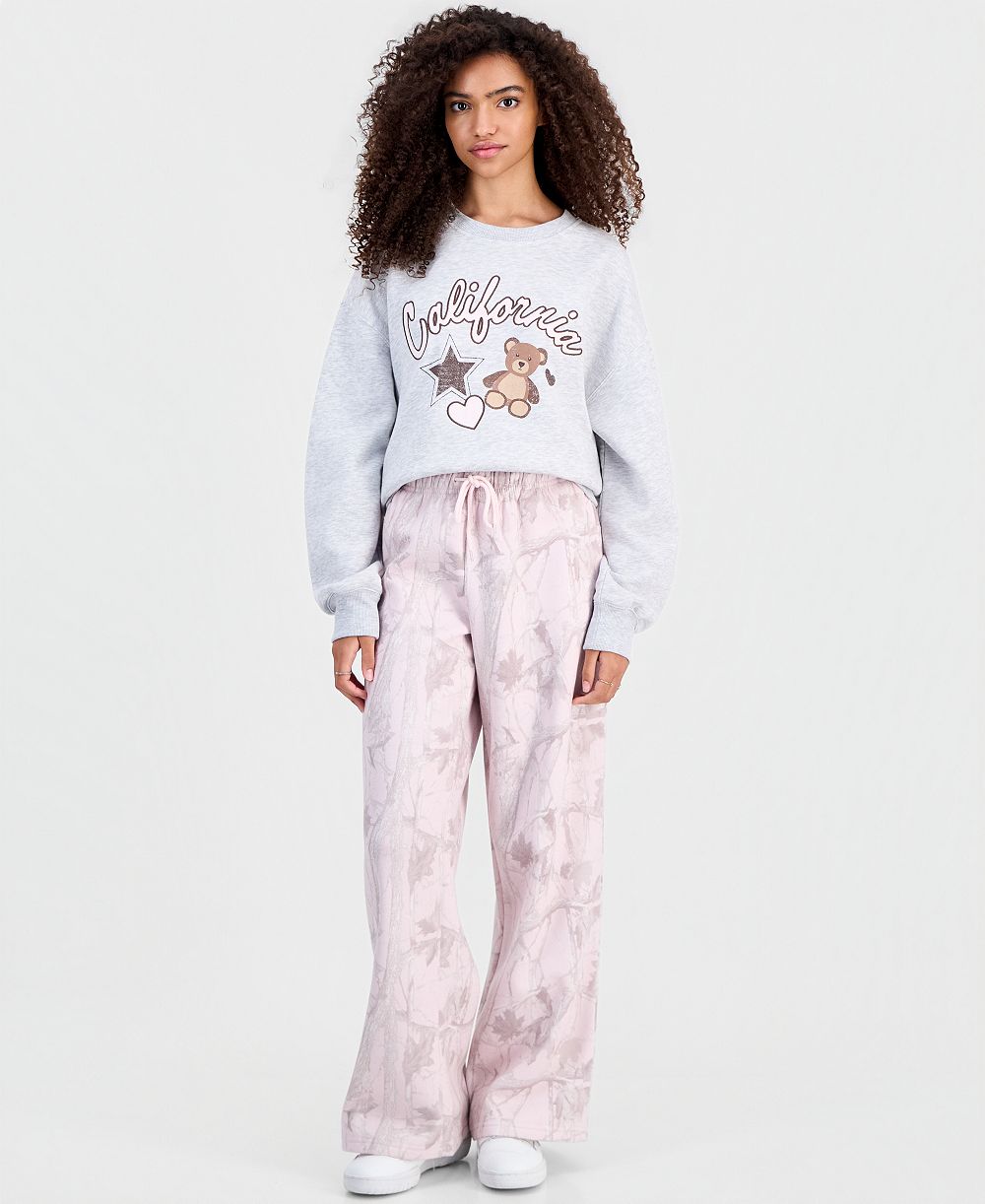 Madden Girl Juniors' Woodland Camo-Print Wide-Leg Sweatpants