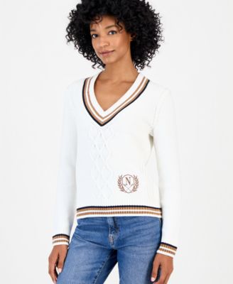 Nautica Women's V-Neck Varsity Tipped Sweater