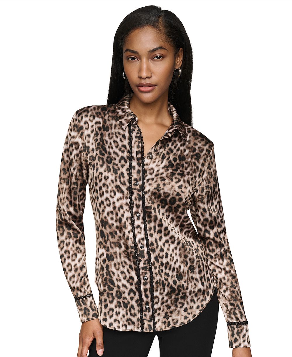 DKNY Petite Приталенный топ с длинным рукавом и воротником, принт, сатин