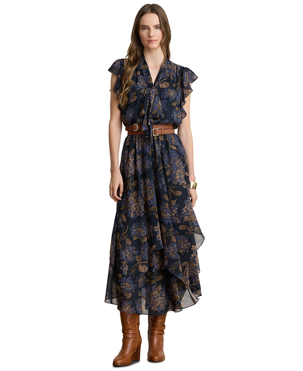 Lauren Ralph Lauren Petite платье миди из шифонового крепа с цветочным принтом и завязками на шее