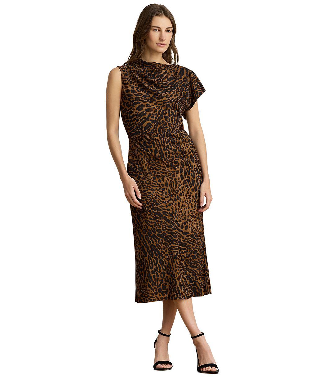 Lauren Ralph Lauren Petite Asymmetrical Neck Ocelot-Print Pleated Crepe Dress