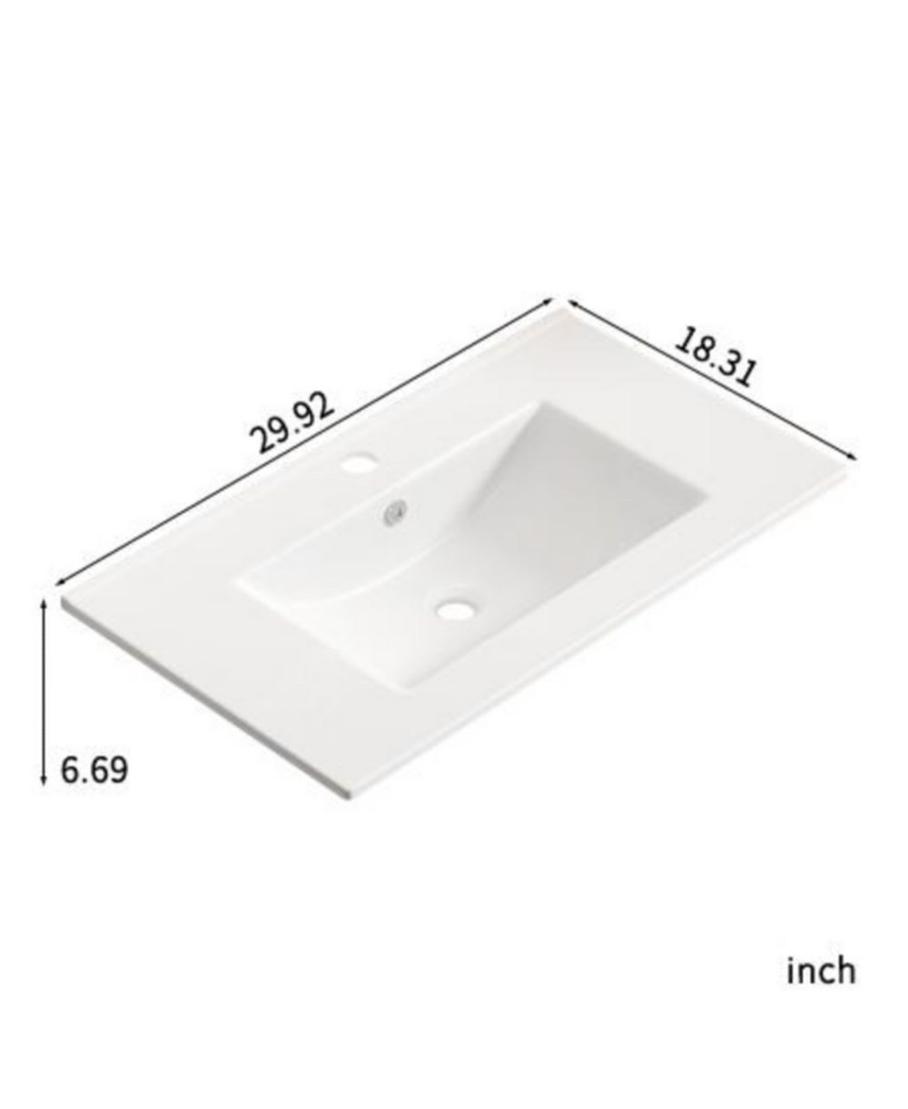 BUSDAYS 30 Inch Glossy Ceramic Bathroom Vessel Vanity Sink Top with Overflow No Drain for Storing Personal Items