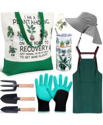 XDOVET Gardening Gifts Set 9Pieces Hat Tote Tumbler Apron Gloves Key Chain Tools