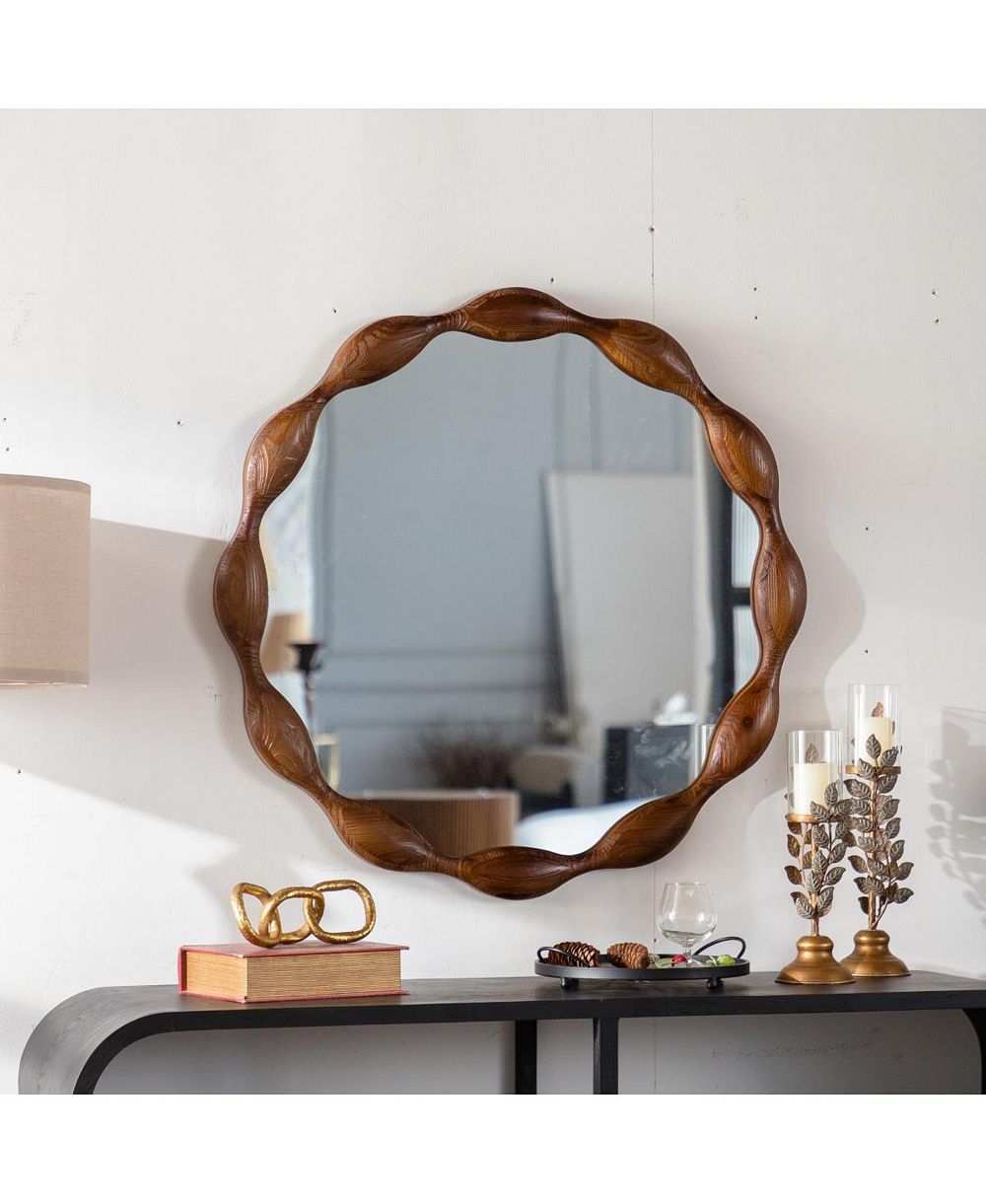 LAOTIES 32" Wavy Round Wood Wall Mirror, Modern Rustic Decorative Accent Mirror for Living Room and Entryway