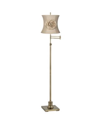 Regency Hill Traditional Swing Arm Floor Lamp Adjustable Height 70" Tall Antique Brass Almond Flower Linen Drum Shade Living Room Bedroom