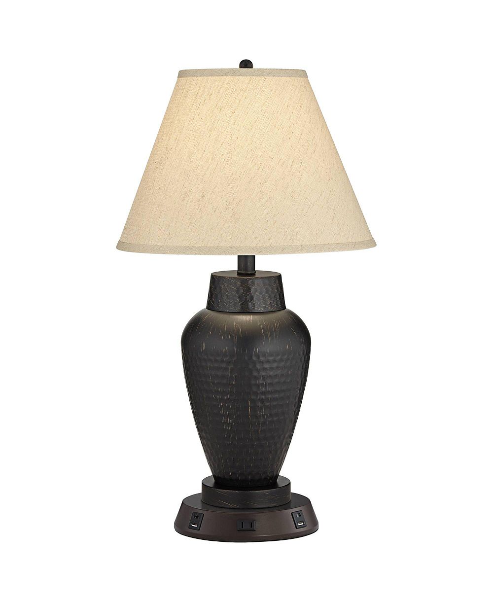 Regency Hill Modern Table Lamp with USB and AC Power Outlet Workstation Charging Base 25" High Hammered Empire Shade for Living Room Desk