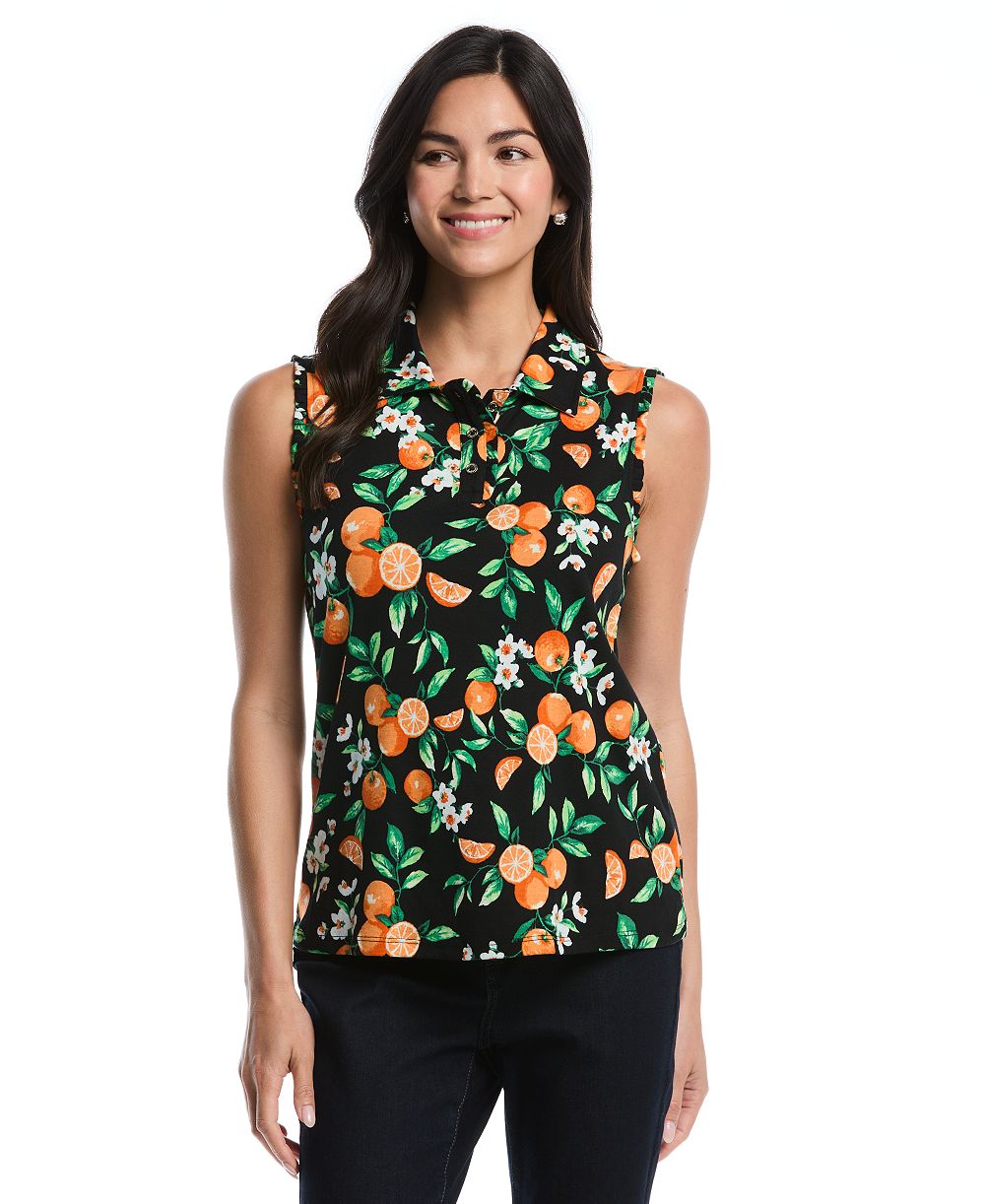 Rafaella Petite Orange Print Ruffle-Trim Sleeveless Polo Shirt