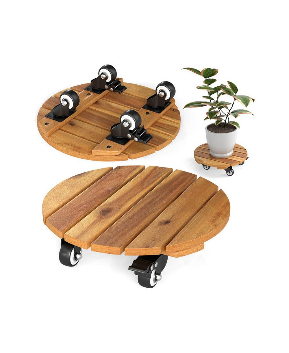 SUGIFT Heavy Duty Acacia Wood Rolling Plant Stand with 360degree(s) Lockable Casters 2-Piece Set
