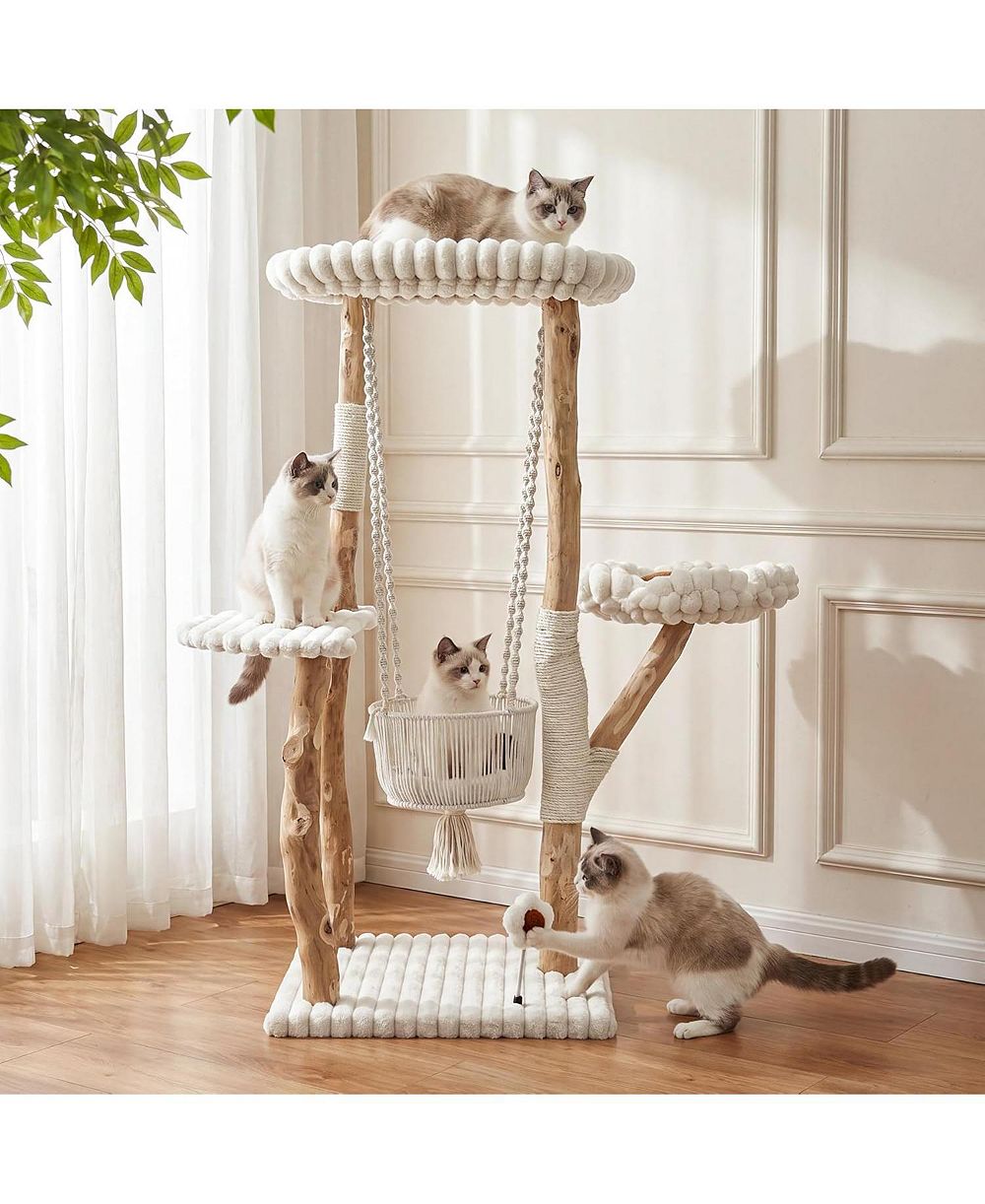 Tribesigns Solid Wood Cat Tree with Scratching Posts, Tall Cat Tower with Swinging Basket Hammock, Washable Cushion, Dangling Toy