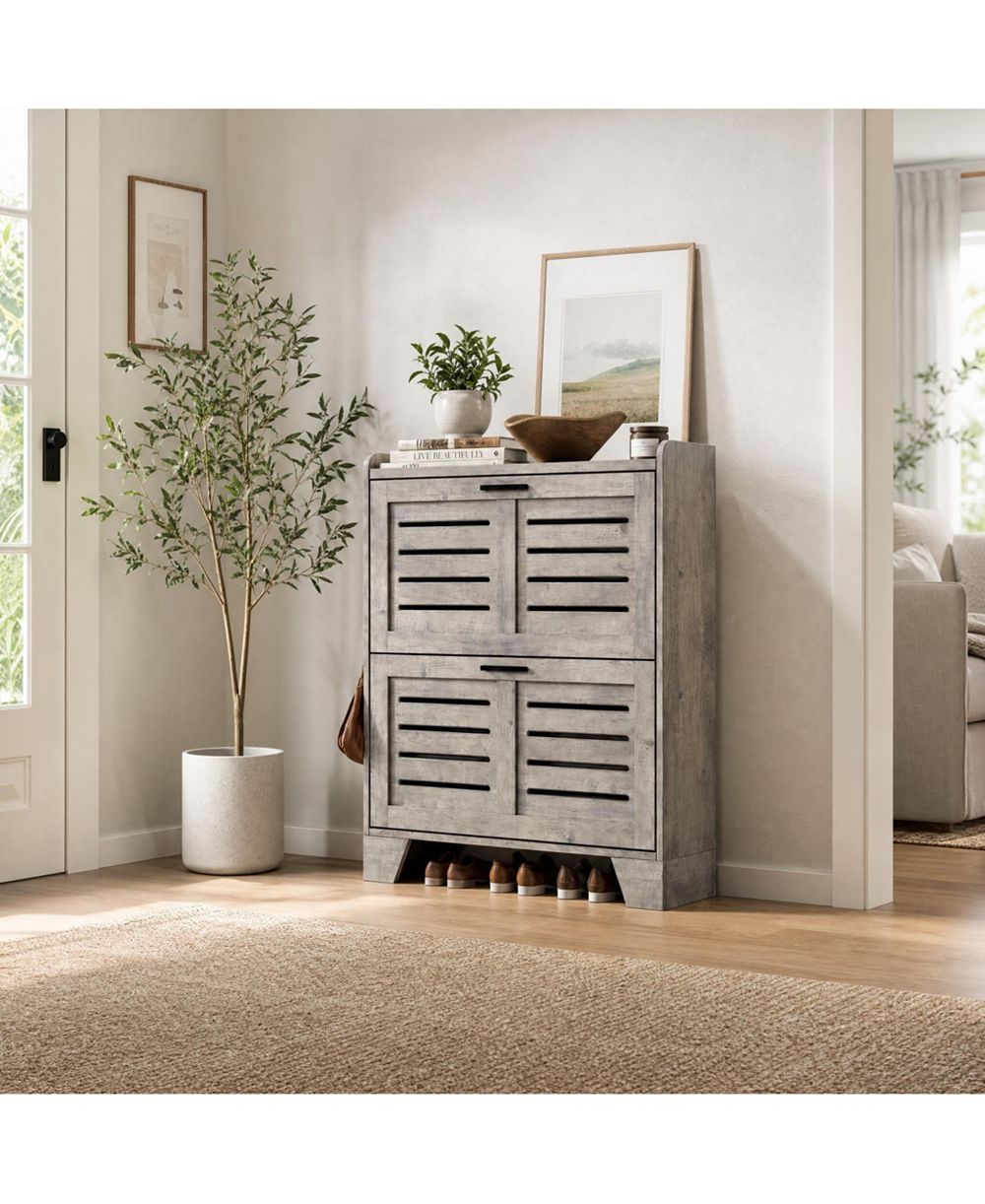 Homfan Two-Tier Flip Door Shoe Cabinet with Spacious Storage, Freestanding Entryway Organizer for Shoes and Accessories