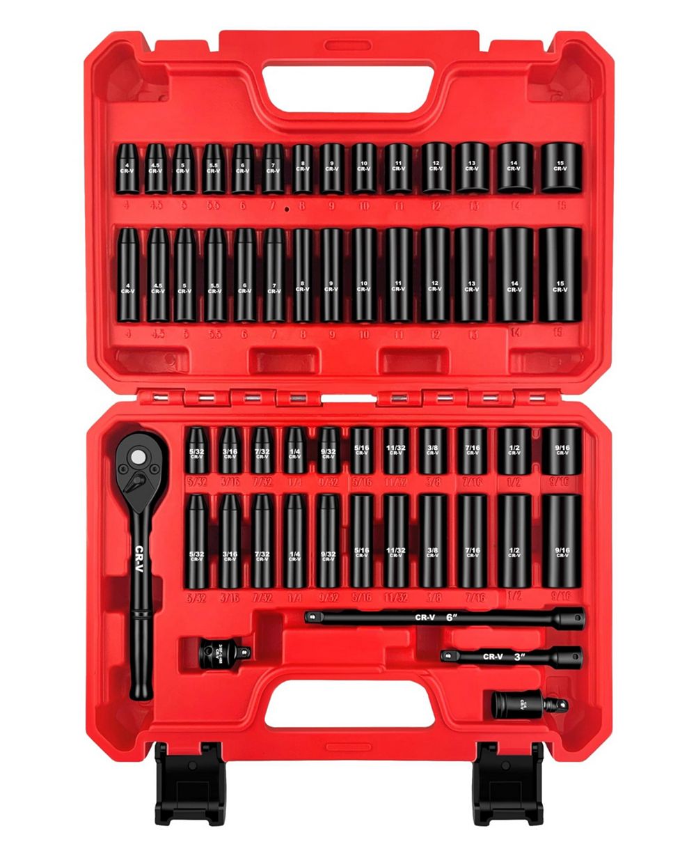 XDOVET 1/4inch  Drive Impact Socket Set 55-Piece SAE Metric Deep Shallow CR-V Steel 6 Point Ratchet Handle Extension Bar Adapter Universal Joint