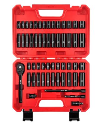 XDOVET 1/4inch  Drive Impact Socket Set 55-Piece SAE Metric Deep Shallow CR-V Steel 6 Point Ratchet Handle Extension Bar Adapter Universal Joint