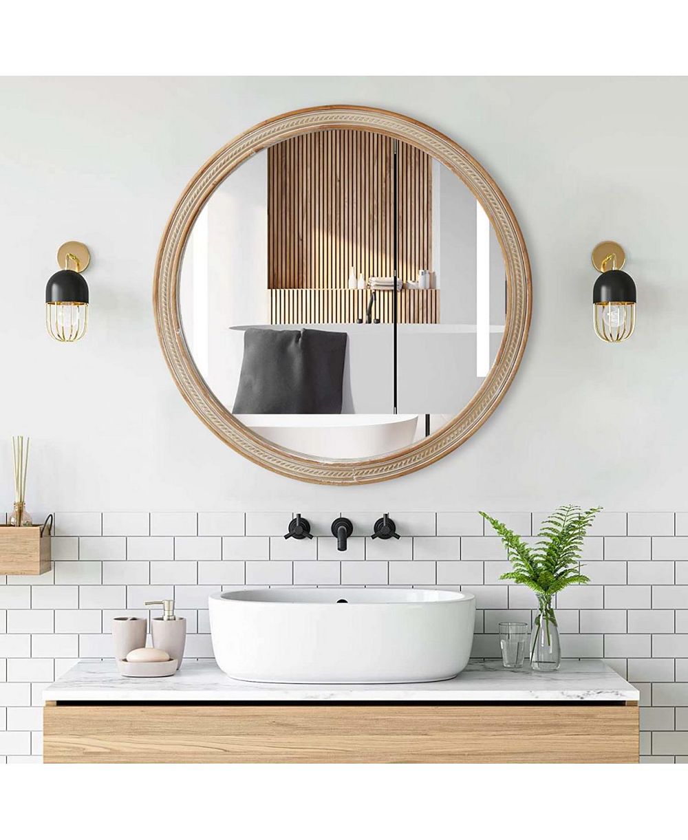 LAOTIES 23.6" Round Wall Mirror, Rustic Bathroom Vanity Mirror for Living Room, Bedroom and Entryway