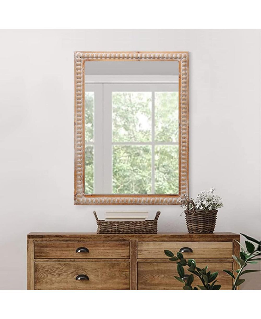 LAOTIES 22" x 30" Farmhouse Beaded Wood Wall Mirror, Rustic Rectangular Vanity Mirror for Bathroom and Entryway