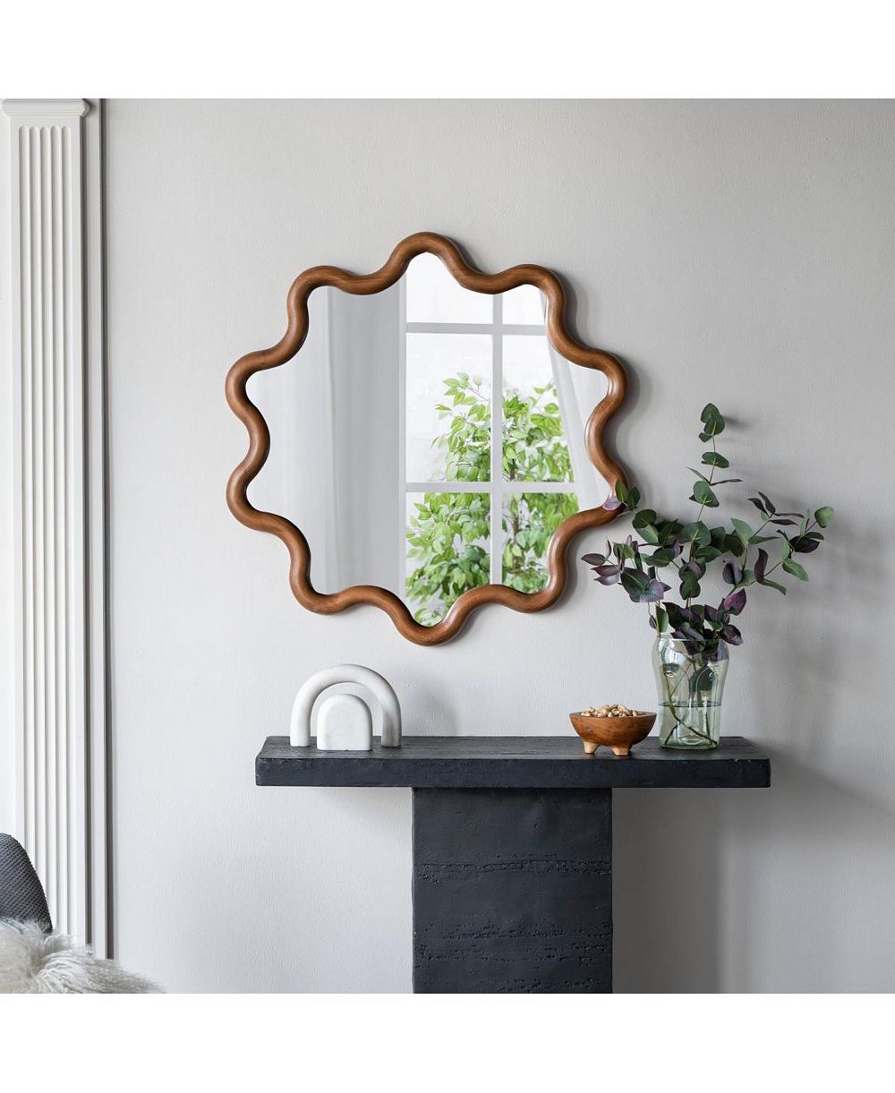 LAOTIES 31" Decorative Wall Mirror, Gear-Shaped Pine Wood Accent Mirror for Living Room, Entryway and Bedroom