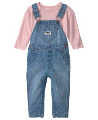 Детский комплект Osh Kosh: топ с длинным рукавом и джинсовый комбинезон с сердечками, 2 предмета