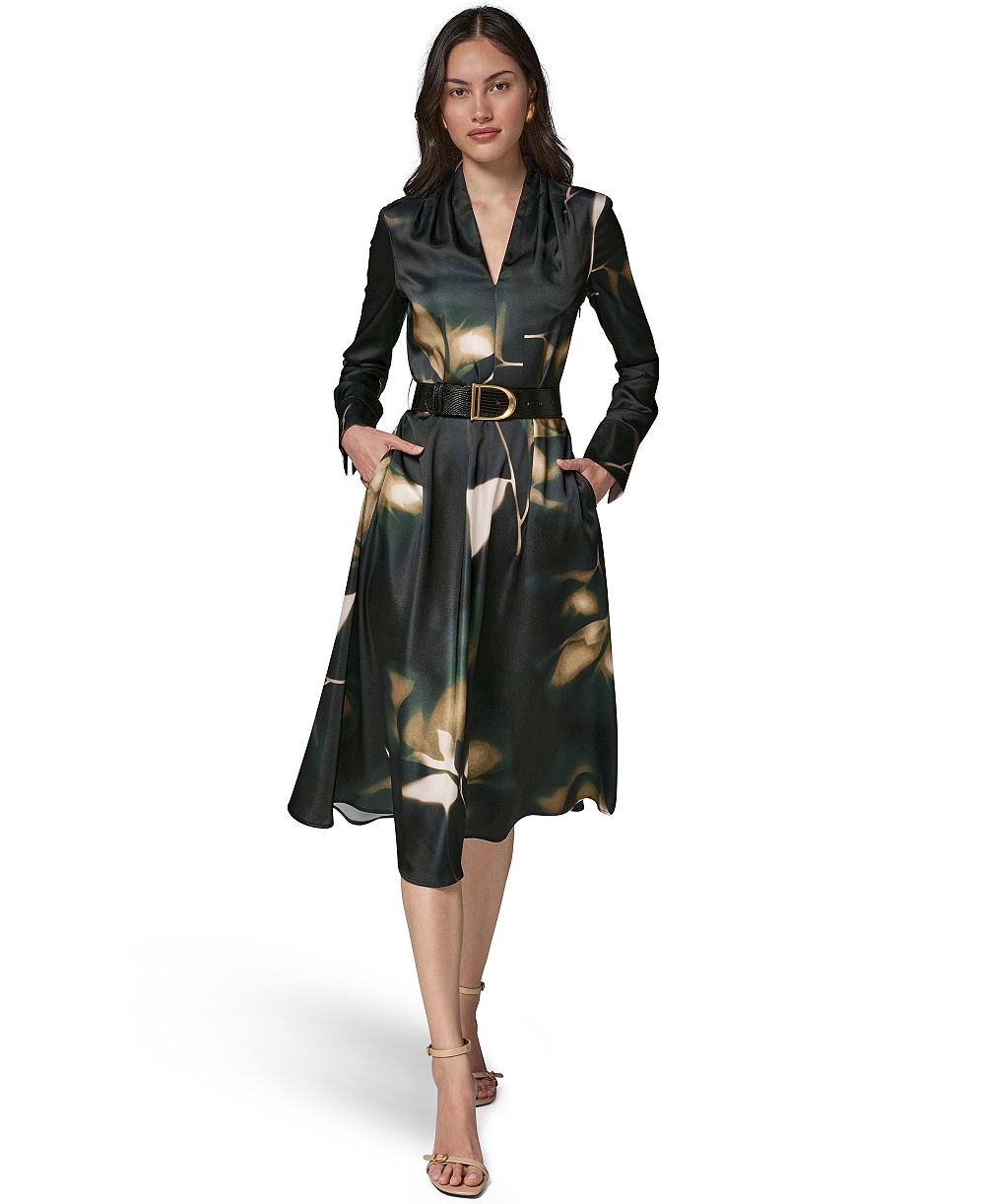 Женское платье Donna Karan New York Long-Sleeve Printed Charmeuse A-Line