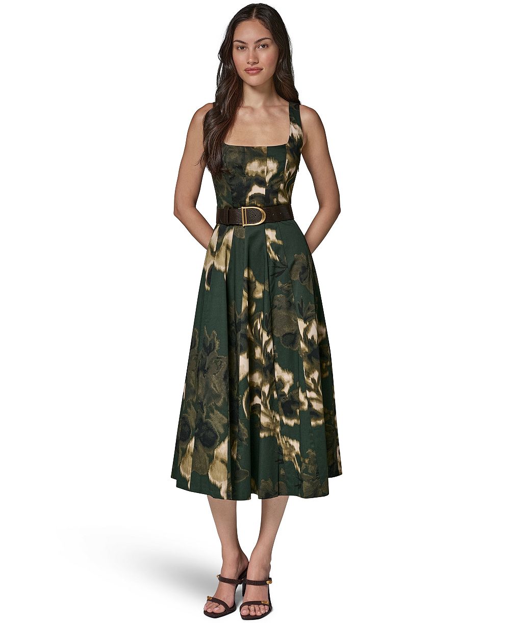 Женское платье Donna Karan New York Printed Square Neck Pleated Fit and Flare с ремнем