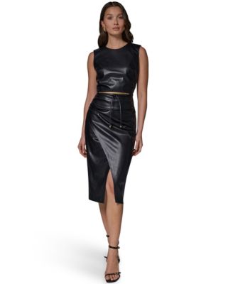 Donna Karan New York Sleeveless Faux Leather Side-Ruched Midi Dress with Lariat Belt