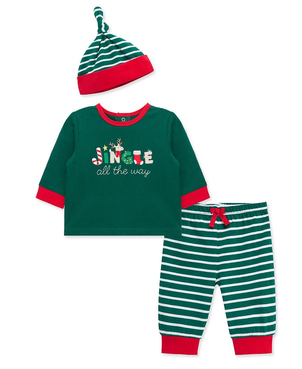 Little Me Baby Boys' Jingle Graphic Top, Striped Joggers and Hat, 3-Piece Set