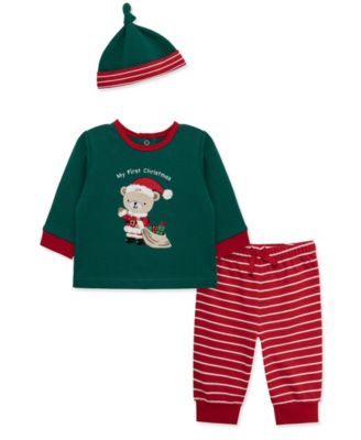 Little Me Детский комплект из топа с медведем Санты, джоггеров и шапки, 3 предмета