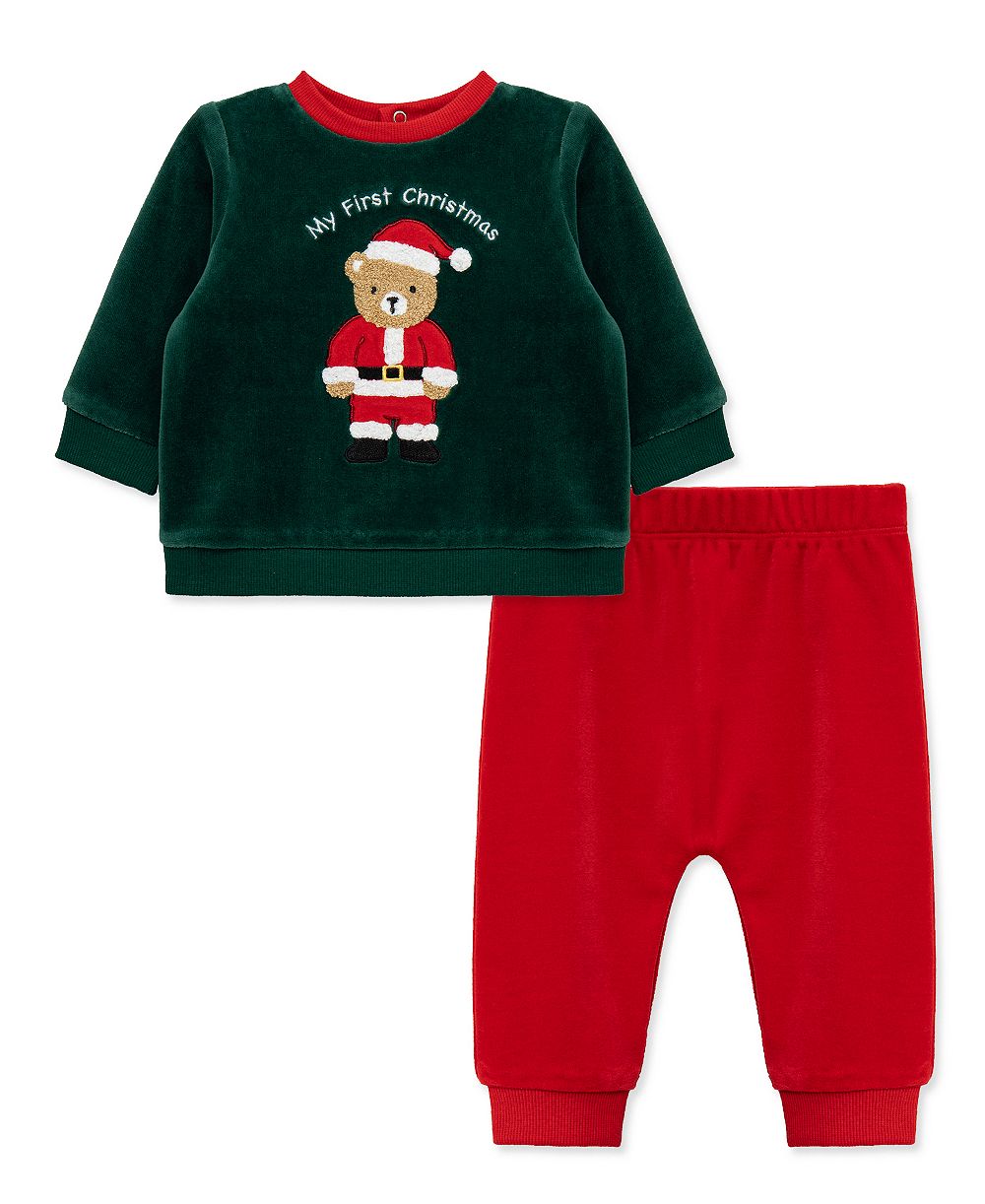Little Me Baby Boys' Embroidered Santa Bear Velour Top and Pants, 2-Piece Set