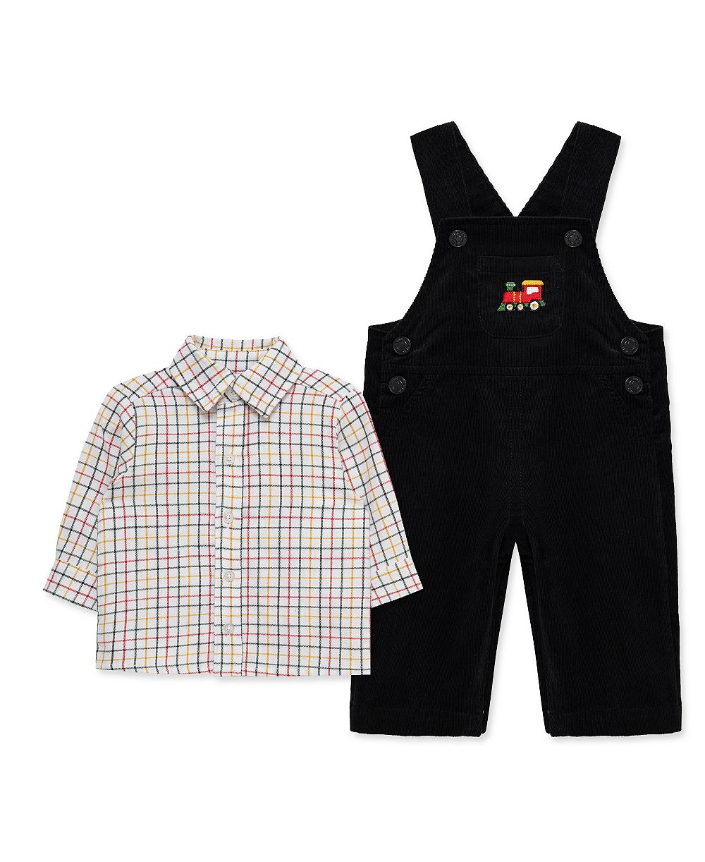 Little Me Baby Boys' Train Embroidered Overalls and Plaid Shirt, 2-Piece Set