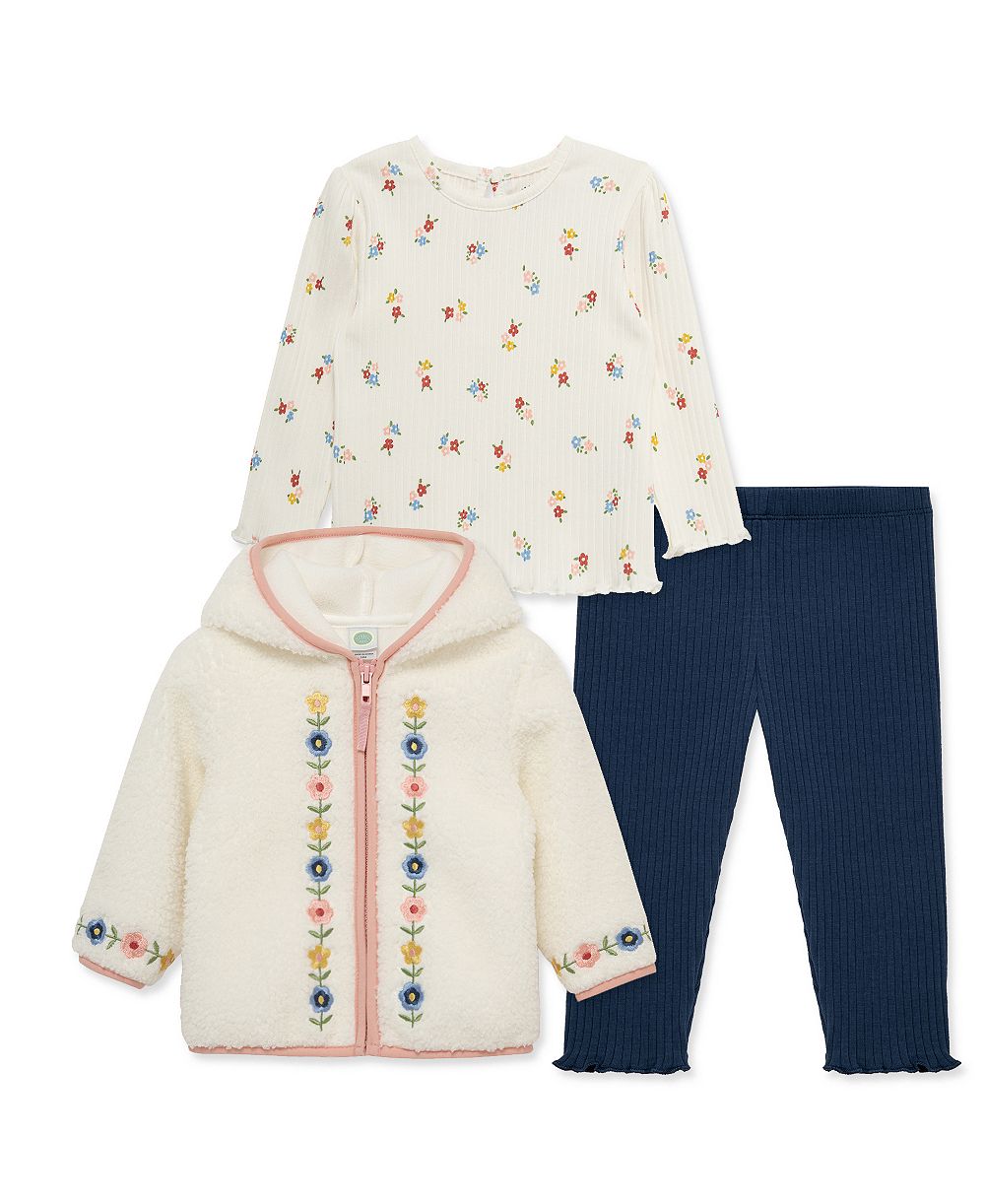 Little Me детский комплект из 3 предметов для девочек: куртка из шерпы, топ с цветочным принтом и брюки