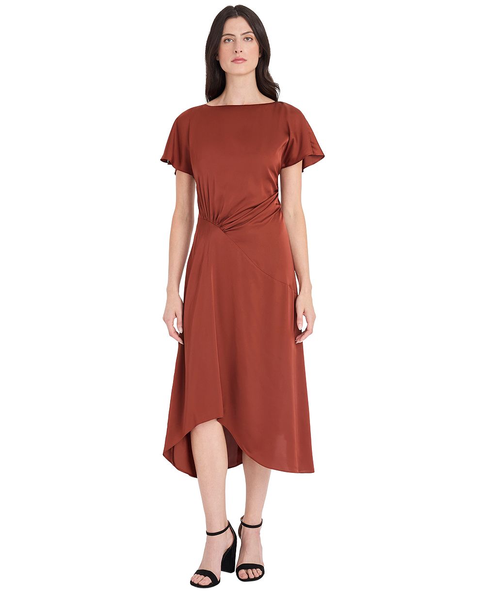 Maggy London Women's Satin Asymmetrical Ruched Waist Midi Dress