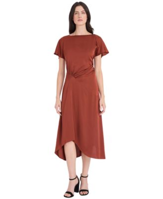 Maggy London Women's Satin Asymmetrical Ruched Waist Midi Dress