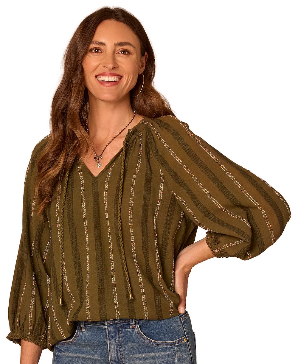 Democracy Petite 3/4 Blouson-Sleeve Split-Neck Blouse