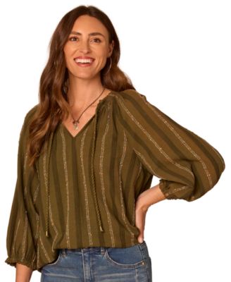 Democracy Petite 3/4 Blouson-Sleeve Split-Neck Blouse