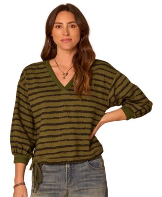Democracy Petite Striped 3/4-Sleeve Blouson V-Neck Top