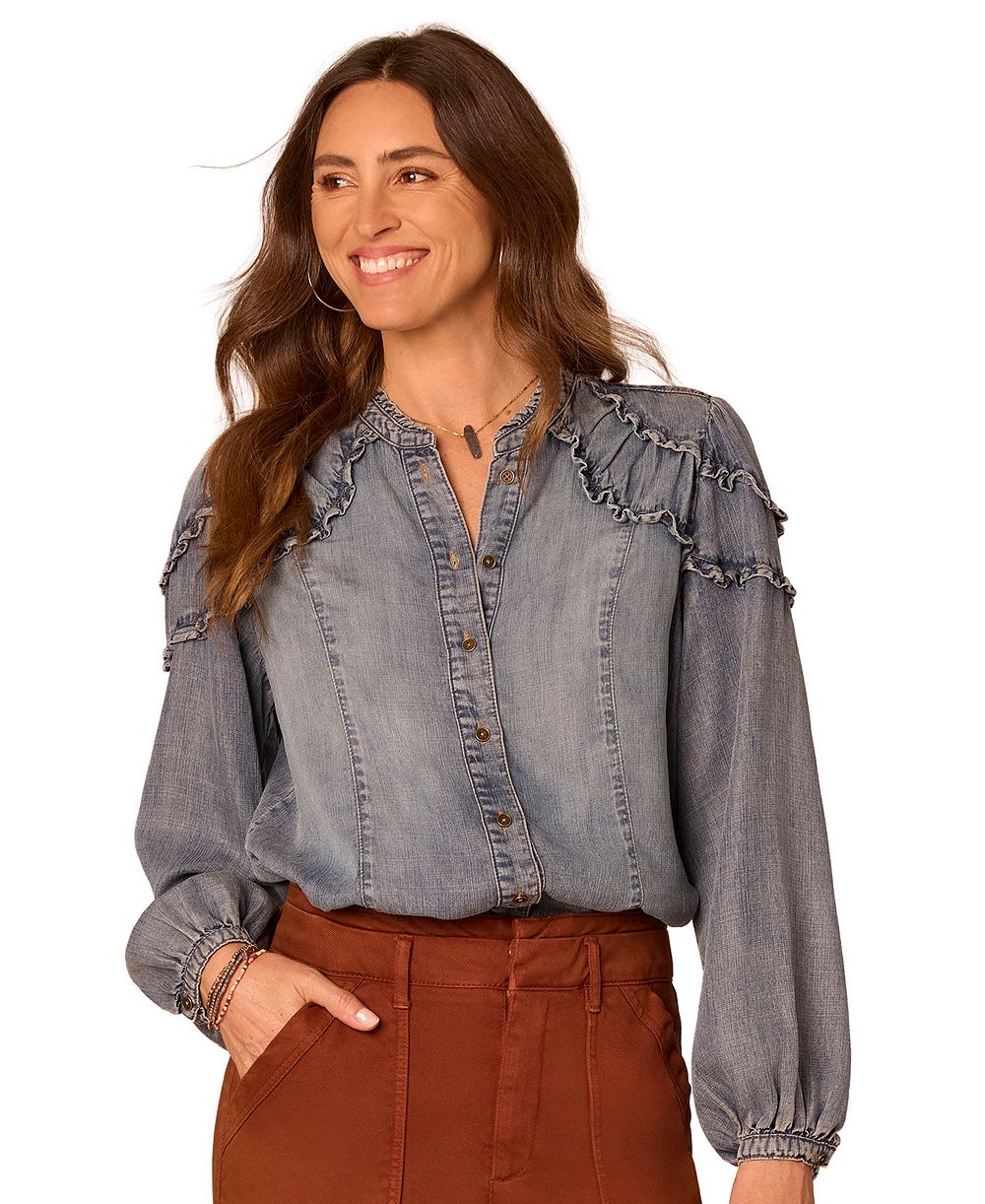 Democracy Petite Chambray Ruffle Button-Up Long-Sleeve Top