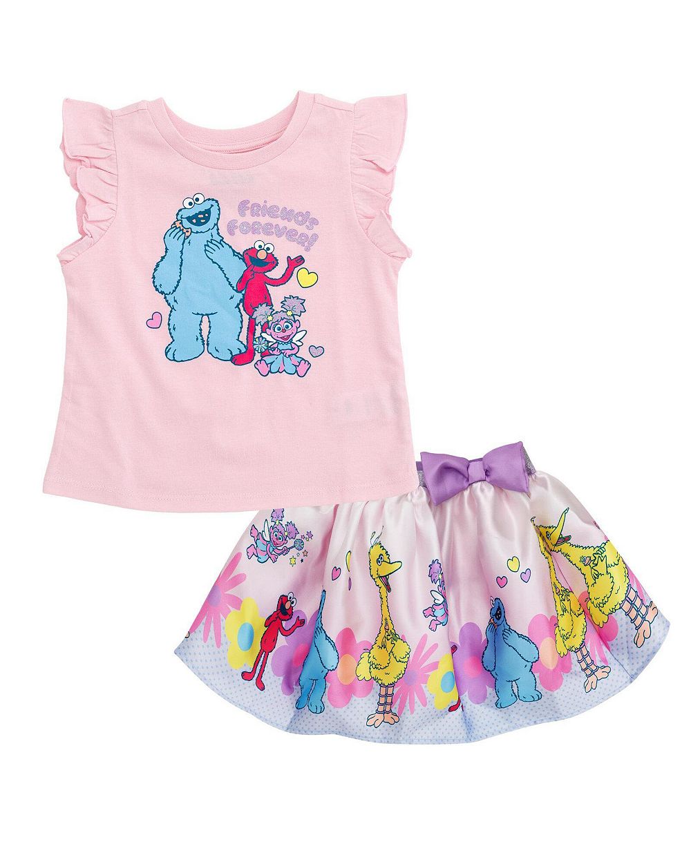 Sesame Street Little Girls' 5-8 T-Shirt 2-Piece and Satin Skirt Set