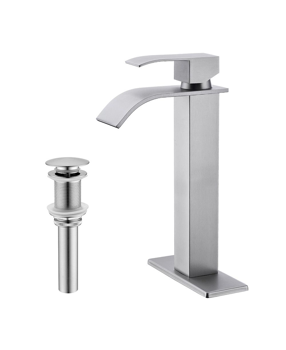 BUSDAYS Waterfall Spout Single Handle Bathroom Sink Faucet with Pop Up Drain No Overflow