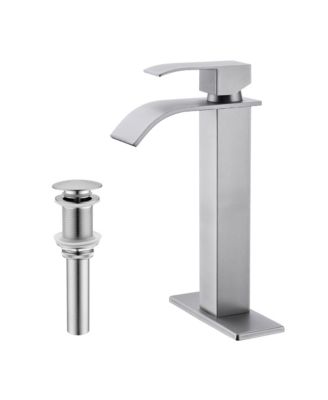 BUSDAYS Waterfall Spout Single Handle Bathroom Sink Faucet with Pop Up Drain No Overflow