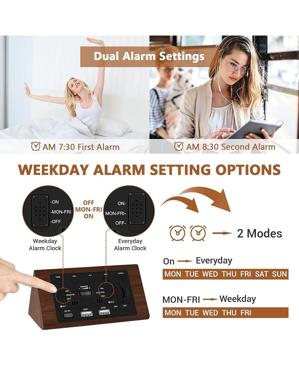 Neewer Wooden Digital Alarm Clock, 0-100% Dimmer, 2 Alarm Settings, Weekday/Everyday Mode, 9 Mins Snooze, 12/24H, Temperature