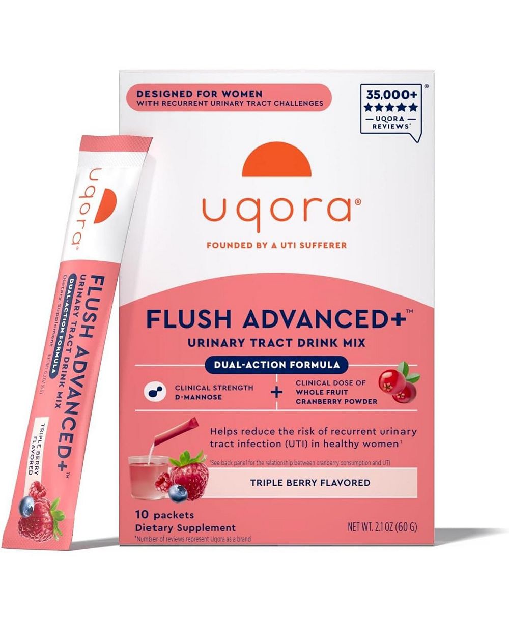 Uqora Flush Advanced+ - Helps Reduce Risk of Recurrent UTI - Cranberry, D-Mannose, Vitamin C, Vitamin B6 and Potassium - Triple Berry - 10 Packets